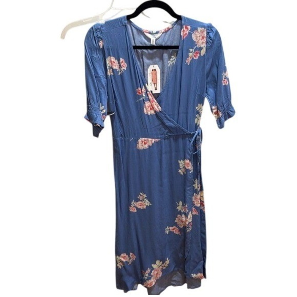 Time‎ and Tru Womens Blue Floral Wrap Dress Short Sleeve Midi XS 0-2 NWT
